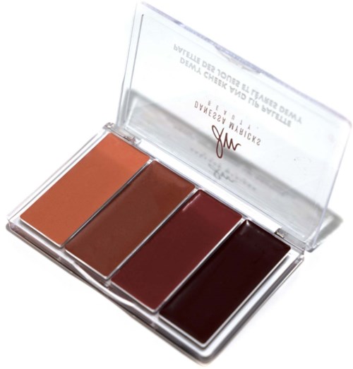 Ein Make-up-Palette mit vier Farbtönen: Orange, Braun, Rot und Dunkelviolett in einem transparenten Kunststoffetui.