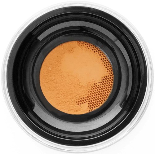 Cosmetica container met oranje poedermake-up van bovenaf gezien.