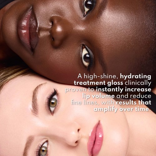 Close-up of two women with different skin tones showing their faces with natural makeup and glossy lips.