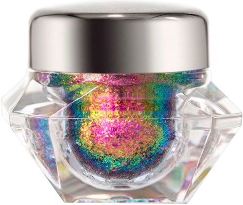 Pieni pyöreä purkki hopealla kannella sisältäen värikkäitä glittereitä ja holografisia hiukkasia.