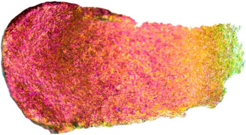 Värikäs meikkiväriaines, jossa on pinkkiä, orangea, keltaista ja vihreää sävyjä.