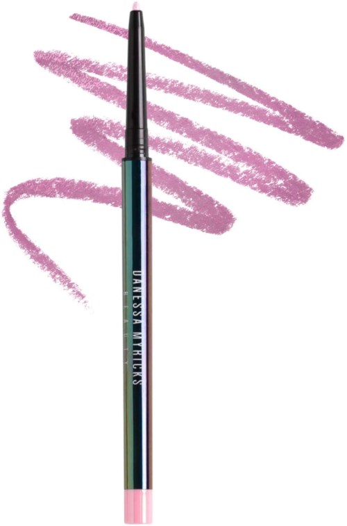 Makeuppensel med lyserødt spids og blå håndtag, omgivet af lyserøde makeupstrøg.