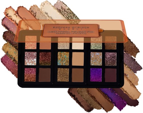 Eyeshadow palette with multiple glittery and matte shades, including neutrals, pinks, purples, and browns.