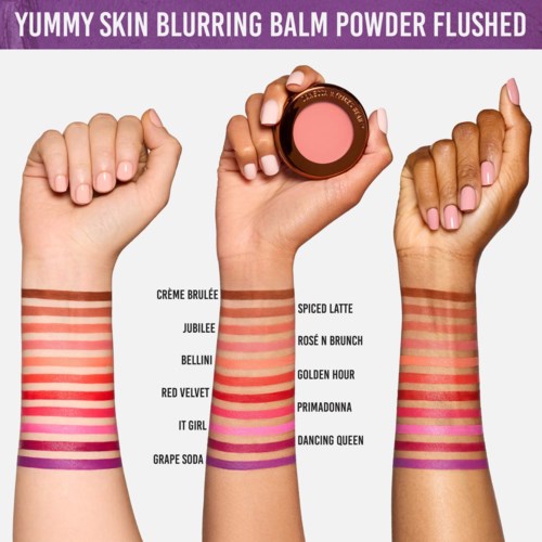Different shades of blush on arms show names of various makeup shades from light to dark.