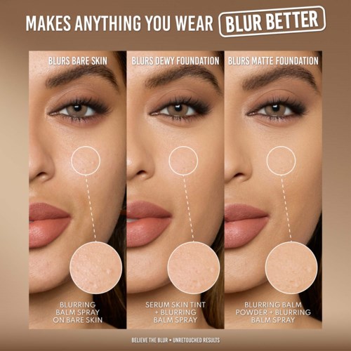 Tre makeup-produkter visas: blurring balm spray, foundation och matt foundation för bättre hållbarhet. Närbild av ett kvinnolitet.