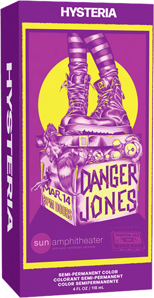 Plakat na koncert Hysteria z Danger Jones 14 marca, w jaskrawych fioletowych i żółtych kolorach.