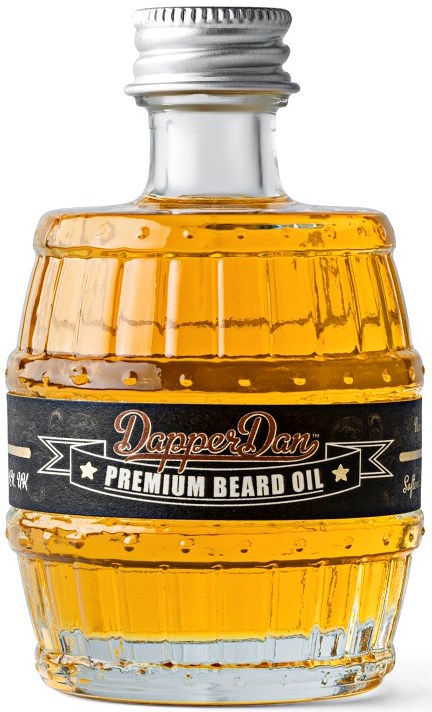 En liten, klar glasflaska med en silverlock, märkt "Premium Beard Oil" och "Dapper Daan."