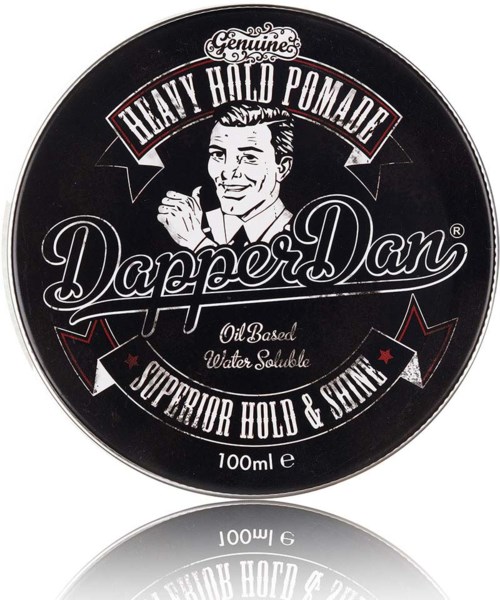 Sort cirkulært mærke med en mands ansigt, mærket som heavy hold pomade, DapperDan, oliebaseret, vandopløselig, 100 ml.