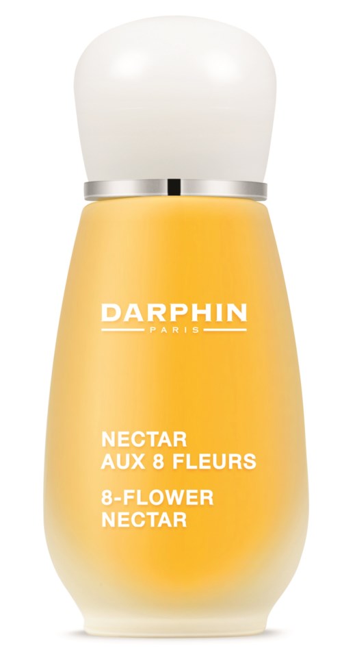 En gul flaska med vit lock, märkt Darphin Paris, 8-blommor nektar.