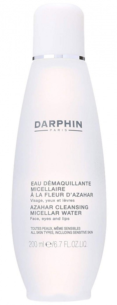 En lang hvid flaske mærket Darphin Azahar Cleansing Micellar Water, 200 ml, til ansigt, øjne, læber. Elegant design.