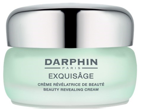 A jar of Darphin Exquisage beauty revealing cream with a silver lid and light green container.