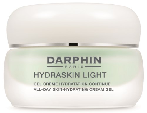 En vit burk med en gröntonad etikett som visar Darphin Paris Hydraskin Light all-ways hudfuktande krämgel.