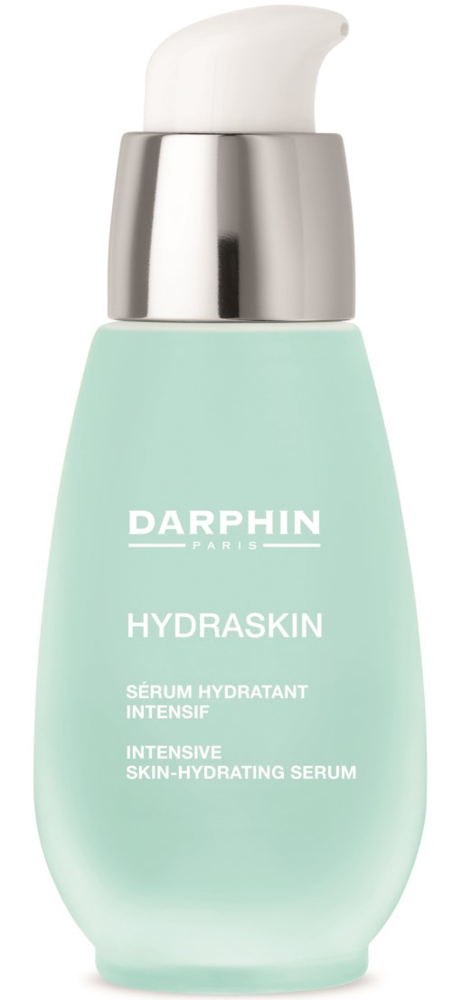 En ljusgrön flaska med vit pump, märkt 'Darphin Hydraskin' för hudfuktning.