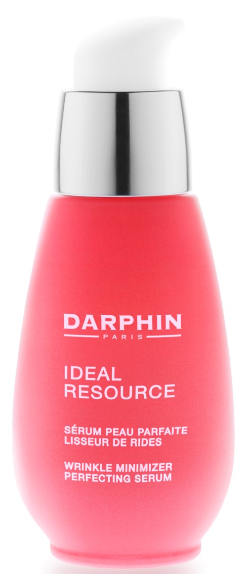 Een roze fles met witte en zilveren dop, labeled Darphin Paris Ideal Resource Wrinkle Minimizer serum.