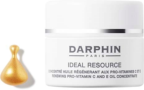 En vit burk märkt Darphin Paris, kallad Ideal Resource, innehåller ett pro-vitamin C och E oljekoncentrat.