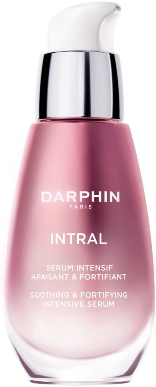 Een roze serumfles met witte pomp en zilveren dop, met label 'DARPHIN INTRAL' voor huidverzorging.