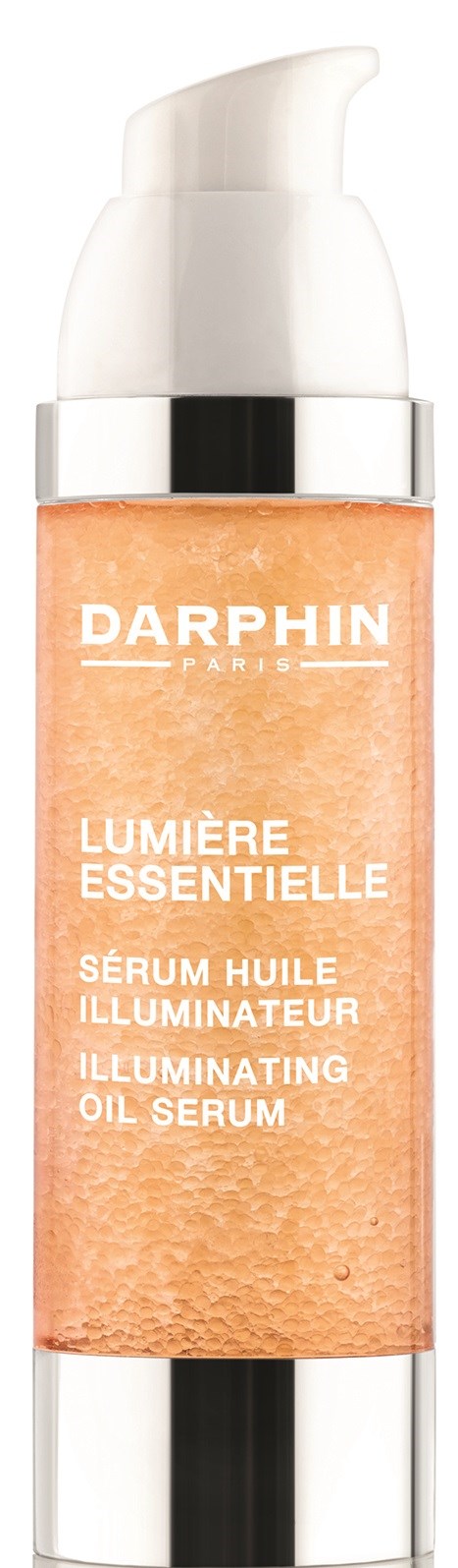 Huidverzorgingsfles met 'Darphin Lumière Essentielle' label, pompje, oranje vloeistof binnen.