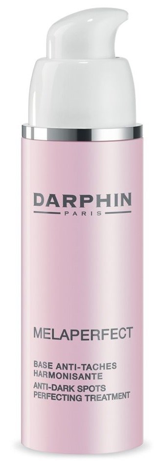 En lyserød flaske med hvid pumpe, mærket Darphin Melaperfect, til anti-brune pletter, med en sølvring nær toppen.