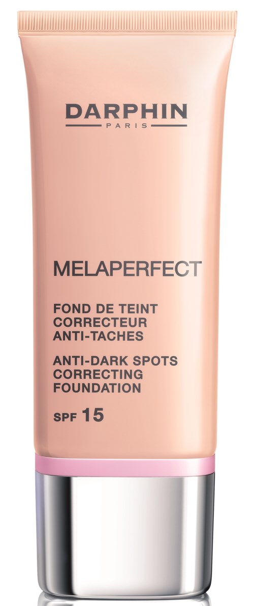 En beige tube av Darphin Melaperfect foundation med SPF 15, laget for å redusere mørke flekker og korrigere hudtonen.