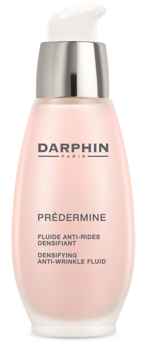 Een roze fles met witte pomp en zilveren dop, gelabeld als Darphin Paris anti-rimpel vloeistof.