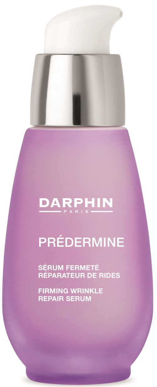 Eine lila Flasche mit einem weißen Pumpkopf, beschriftet Darphin Prédermine, ein festigendes Falten-Reparaturserum.