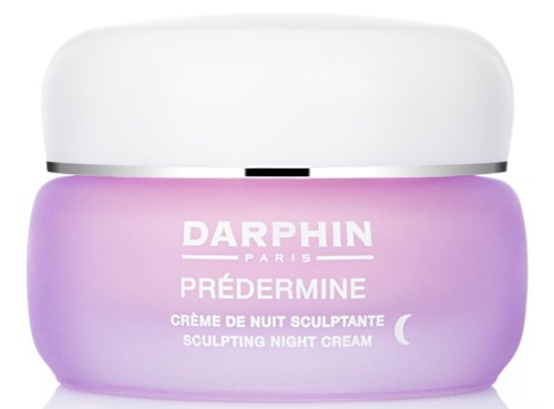 Ein lila Behälter mit weißem Deckel, beschriftet mit 'Darphin Paris Prédermine Sculpting Night Cream.'