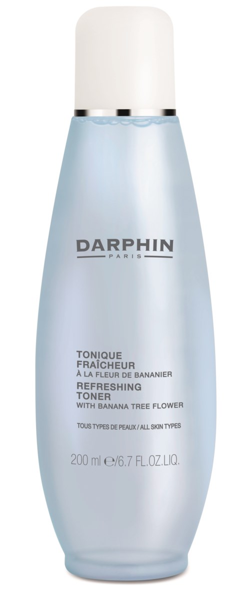 En lys blå oppfriskende tonerflaske med hvit kork, merket 'DARPHIN PARIS' og bananblomstduft.