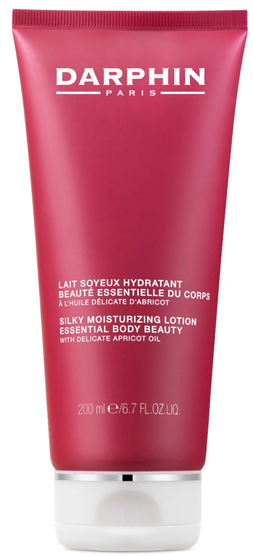 Rosa lotionrör med Darphin Paris, återfuktande kroppslotion med aprikosolja, 200 ml eller 6,7 fl oz. skönhetsprodukt.