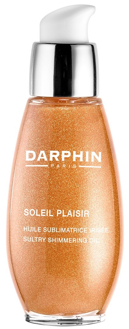 En blank flaske med hvid hætte, mærket 'Darphin Soleil Plaisir' til skinne, sublime olie.