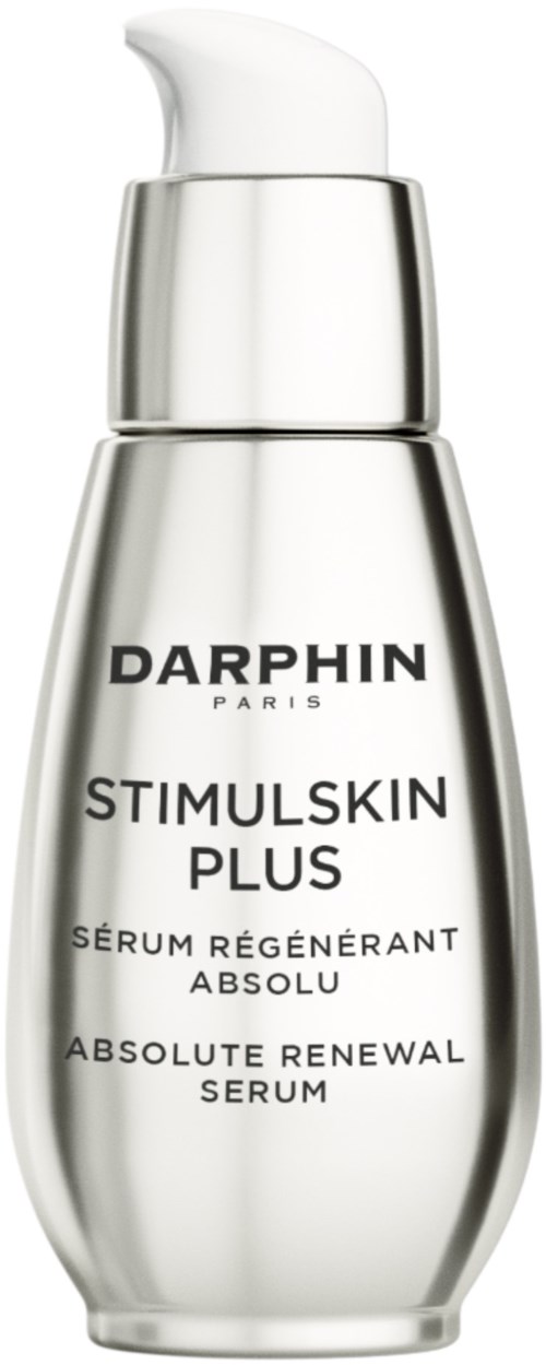 A silver bottle with a white pump top, labeled as Darphin Stimuskinn Plus, a vital regeneration serum.