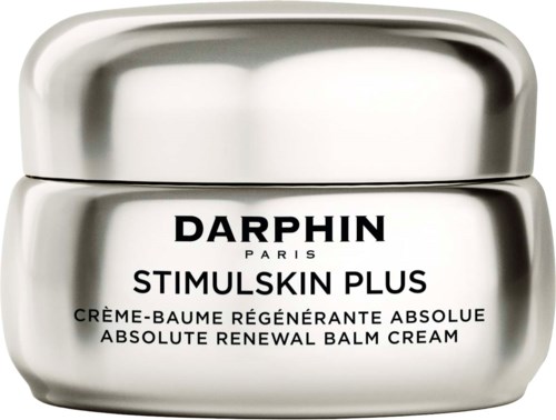 A silver jar labeled Darphin Stimulskin Plus, an absolute renewal balm cream, with a black text design.
