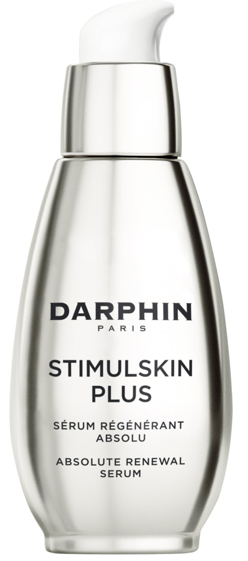 Eine silberne Flasche mit weißem Pumpen, beschriftet Darphin Paris Stimulskiin Plus, regeneriert die Haut.