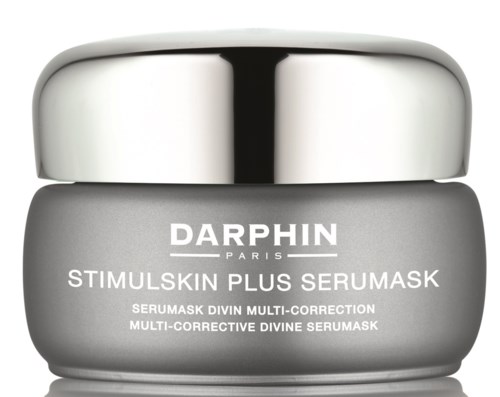 En sølvkrukke med skinnende lokk, merket Darphin Stimulskin Plus Serum Mask for hudkorrigering.