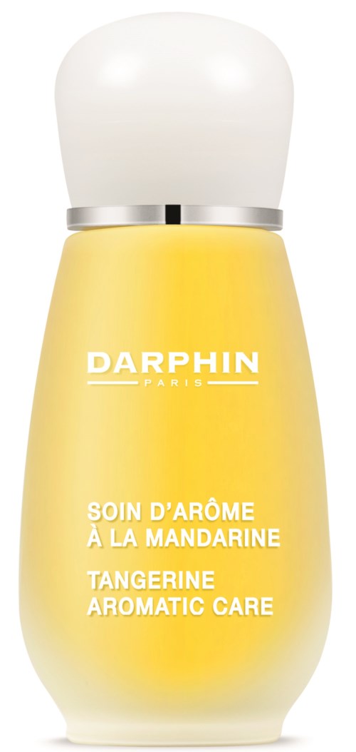 Gelbe Flasche mit silberner Kappe, Text über Mandarinen-Aromapflege, Marke Darphin Paris.