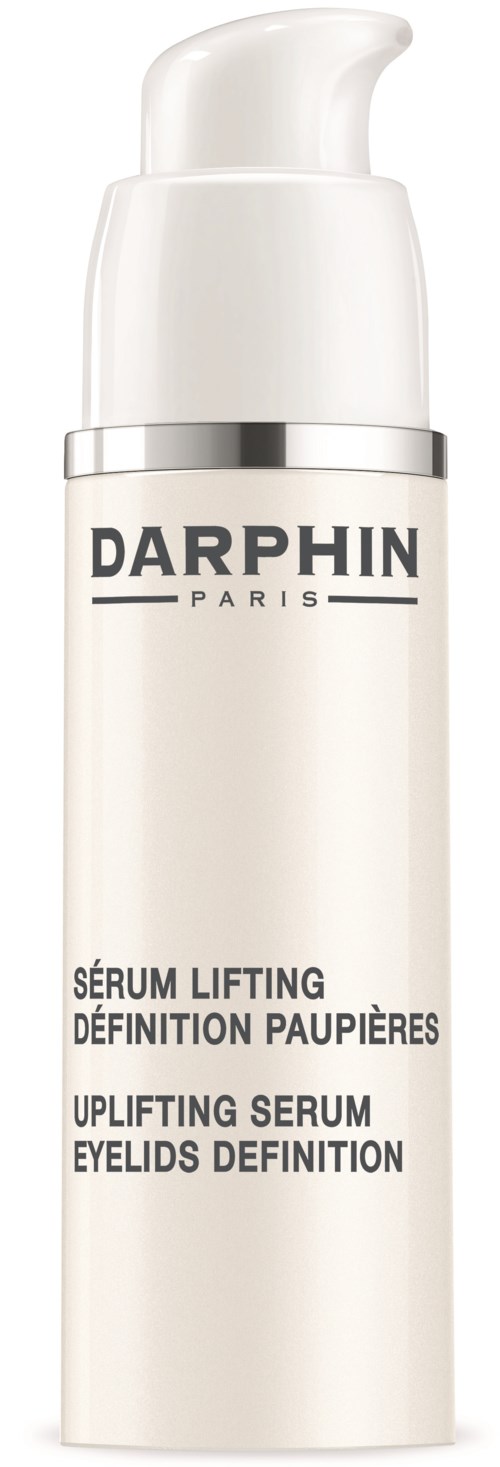 Eine weiße Flasche mit Pumpaufsatz, gekennzeichnet als Darphin Paris Lift Serum für Liddefinition, steht aufrecht.