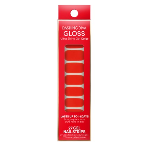 Rood verpakkingsdoos met 27 gelnagelstrips, houdt tot 14 dagen, met productnaam Dashing Diva Gloss.