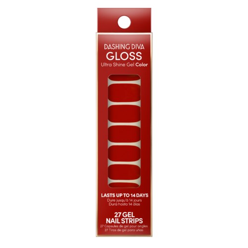 A red box with white text containing 27 nail gel strips, lasting up to 14 days, with six visible nail strip samples.