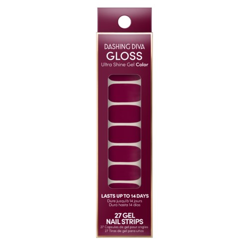 A box of 27 dark purple nail gel strips. It says they last up to 14 days and are for shiny nails.