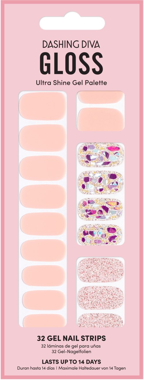 A pink package contains 32 gel nail strips, some plain and others with colorful floral and glitter designs.