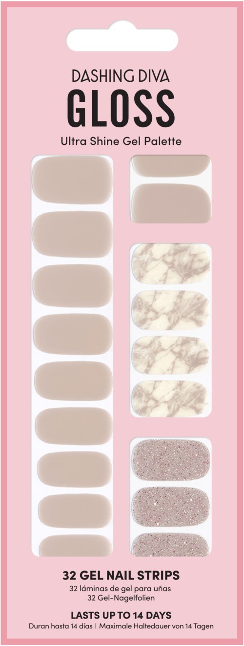 A pink package with nail gel strips in different designs and shades, labeled as Dashing Diva Gloss. Contains 32 strips.