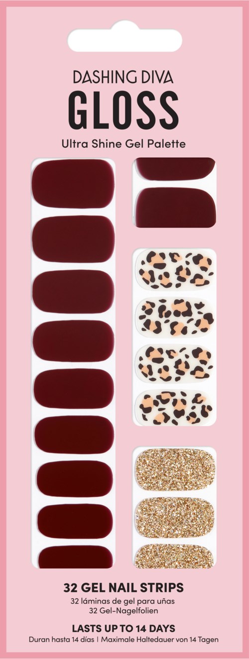 A pack of 32 gel nail strips in various patterns, including plain, leopard, and glitter designs. Pink packaging.