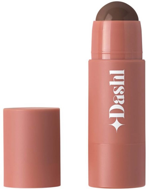 A coral-colored lipstick with the brand name Dash written vertically on it.