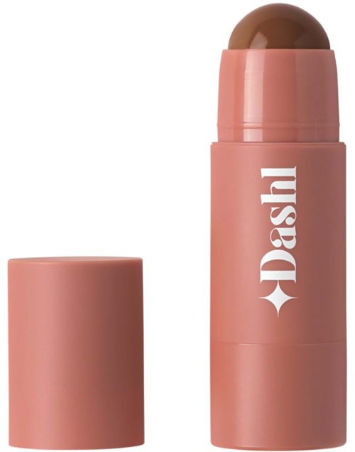 A pink tube of blush with a rounded, brown top and the word 'Dash' written vertically on it.