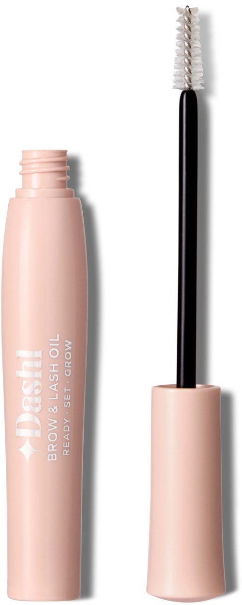 Różowa butelka żelu do brwi i rzęs z białym aplikatorem, na etykiecie napis "Brow & Lash Oil".