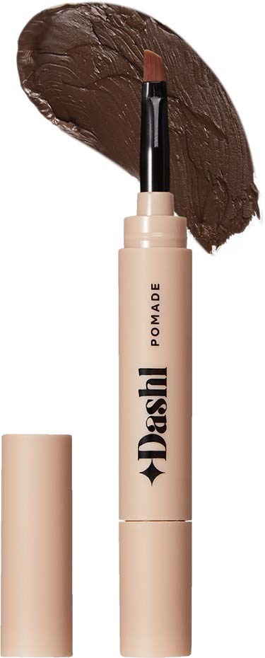 A beige lipstick tube labeled 'Dash' with a brown lipstick swatch above it.
