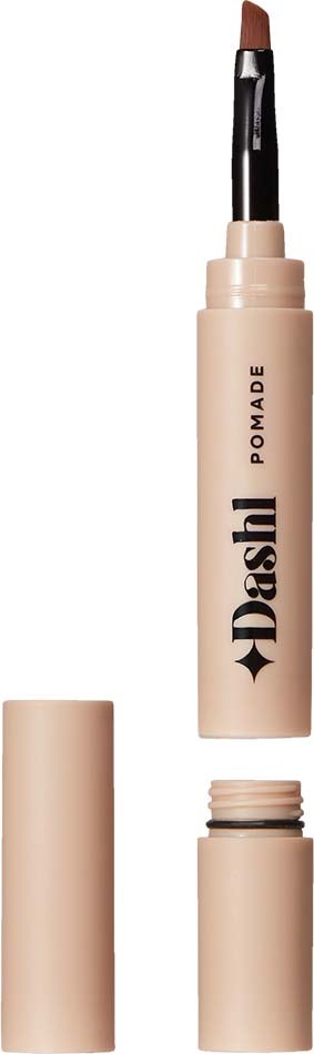 A beige pen with a moving tip, labeled Dashel Pomade, shown with its cap removed and placed below.