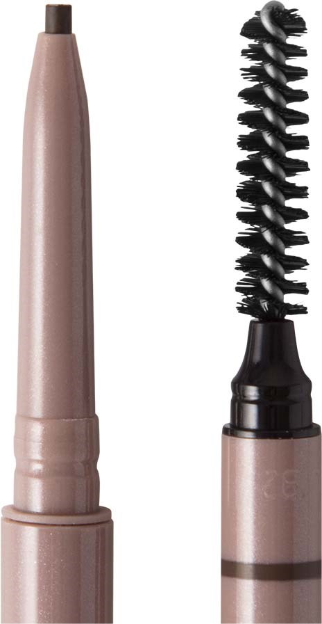 A makeup pen with a dual tip: one side with a pencil, the other with a spiral brush.