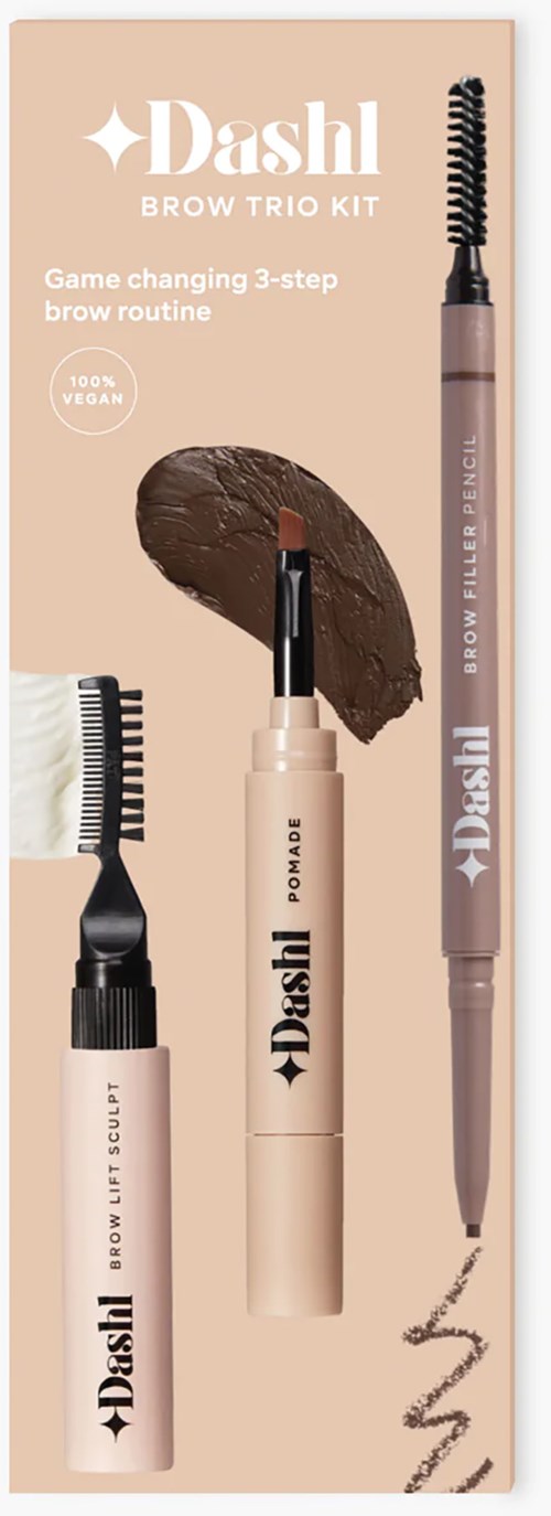 Ett brynskit med tre verktyg: en bryngele, en mini borste och en brynpennor i beige förpackning.