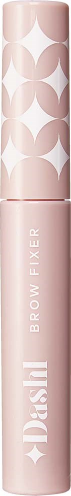 En rosa cylindrical tub med ett mönster av vita halvcirklar. Det är en ögonbrynfixeringsprodukt.