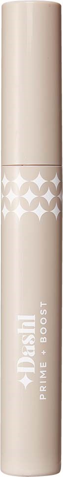 En vit cylinderformad flaska med beige lock, märkt DUEX+ PRIME BOOST, på en svart bakgrund.